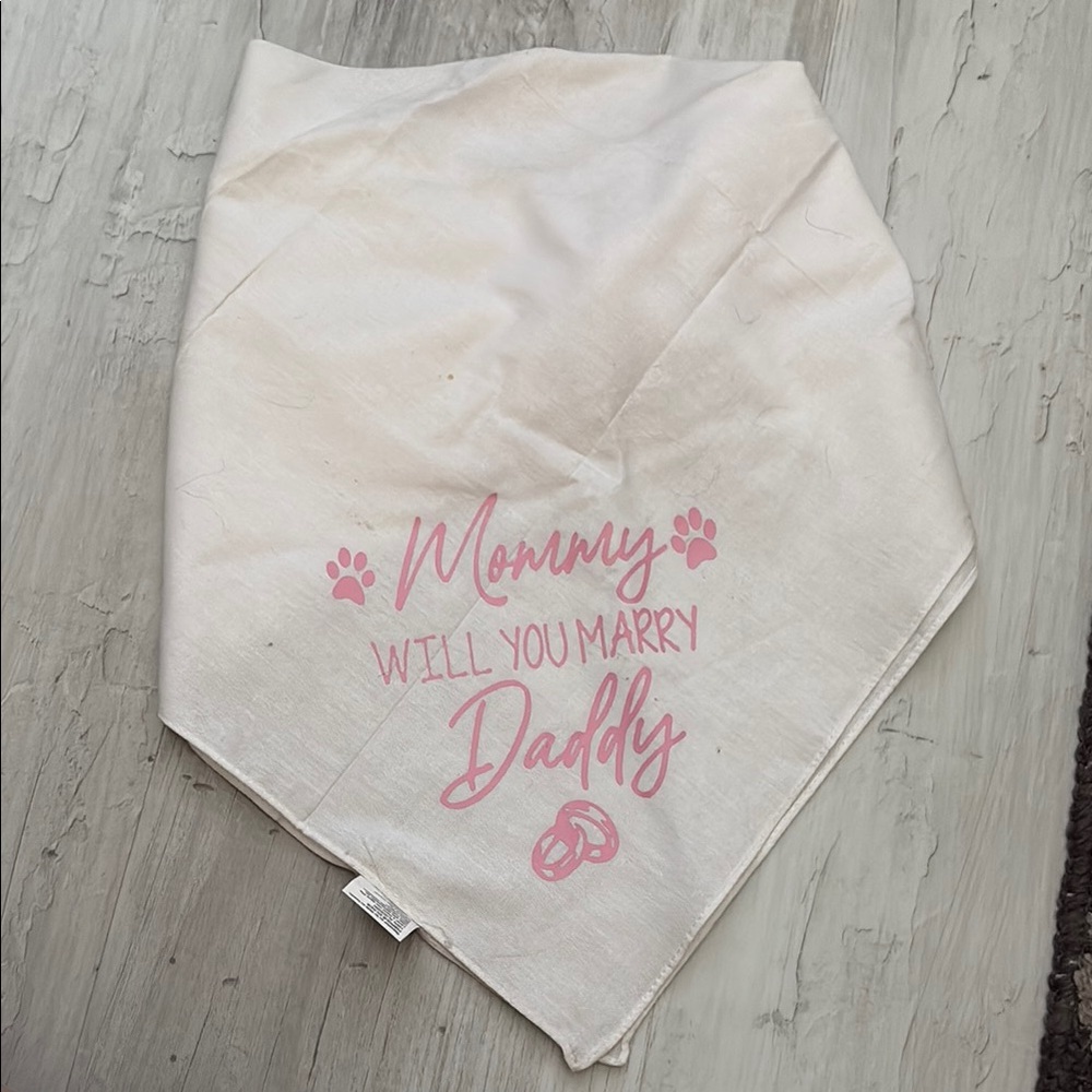 White Dog Bandana with Pink Proposal